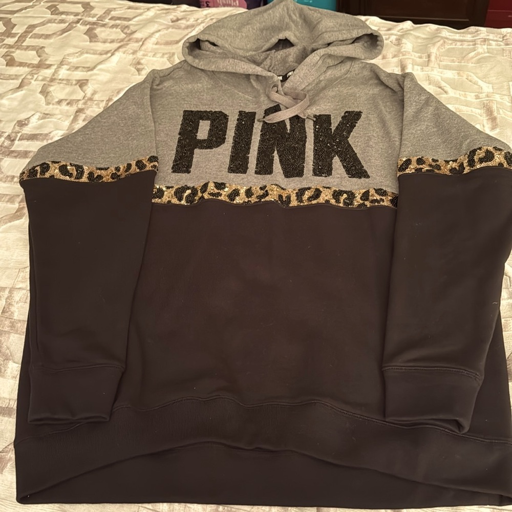 Pink Victoria’s Secret. Gray and Black Hoodie with Leopard sequins Accents